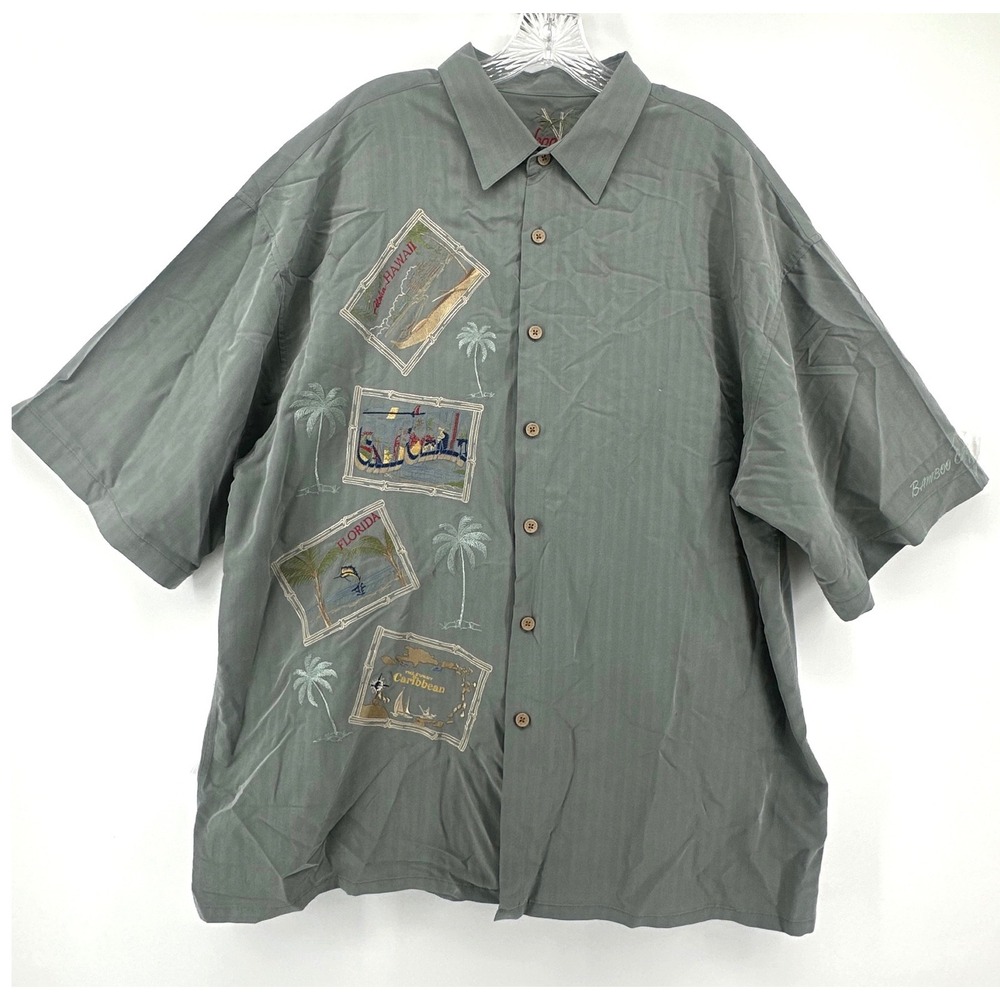 Bamboo Cay Mens XXL Sage Green Postcard Embroidered Modal Blend Camp Shirt